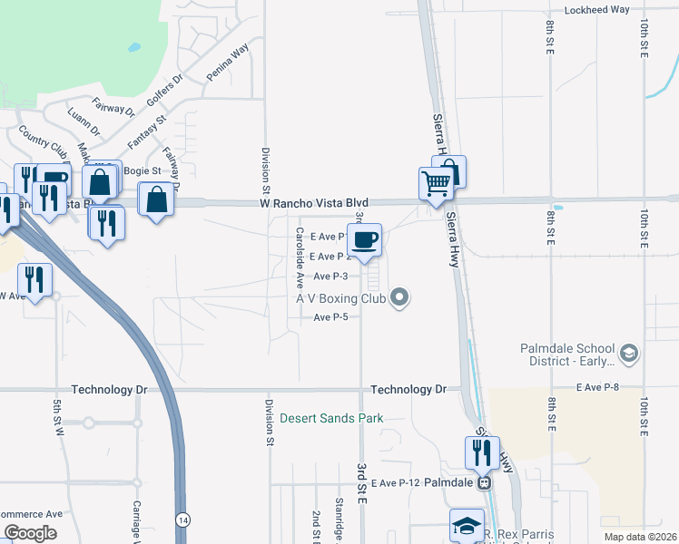 map of restaurants, bars, coffee shops, grocery stores, and more near 251 Avenue P-3 in Palmdale