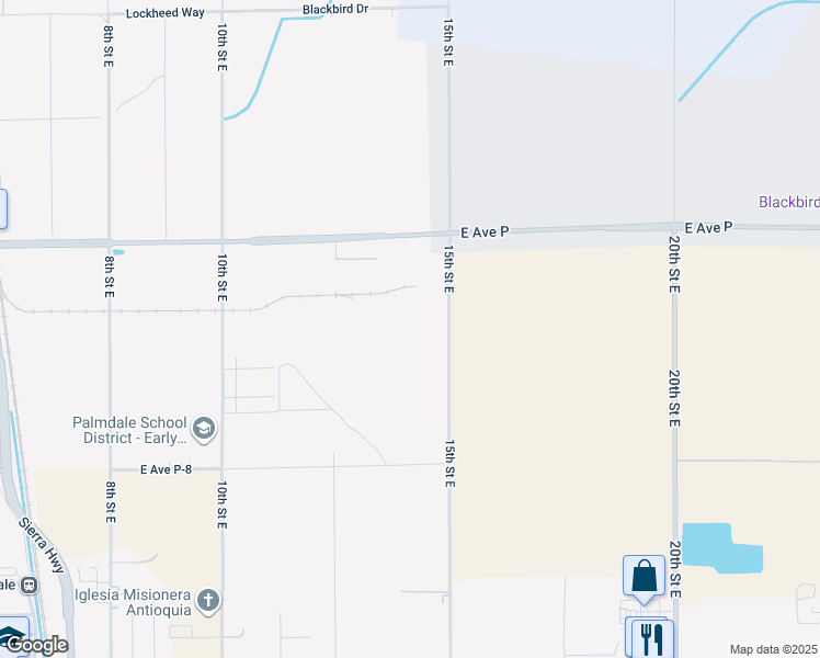 map of restaurants, bars, coffee shops, grocery stores, and more near 39445 15th Street East in Palmdale