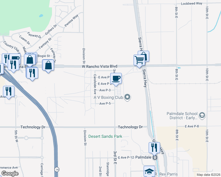 map of restaurants, bars, coffee shops, grocery stores, and more near 251 Avenue P-3 in Palmdale