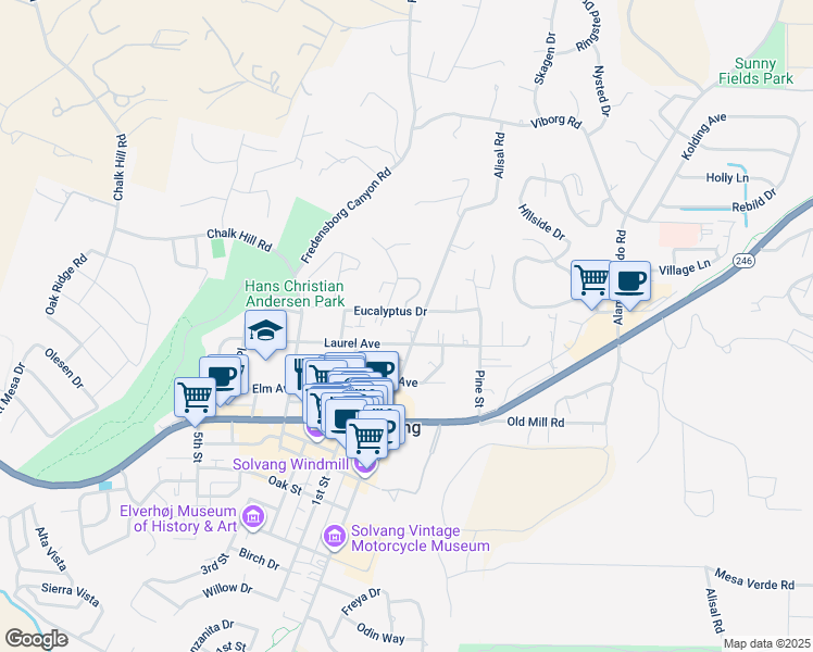 map of restaurants, bars, coffee shops, grocery stores, and more near 616 Alisal Road in Solvang