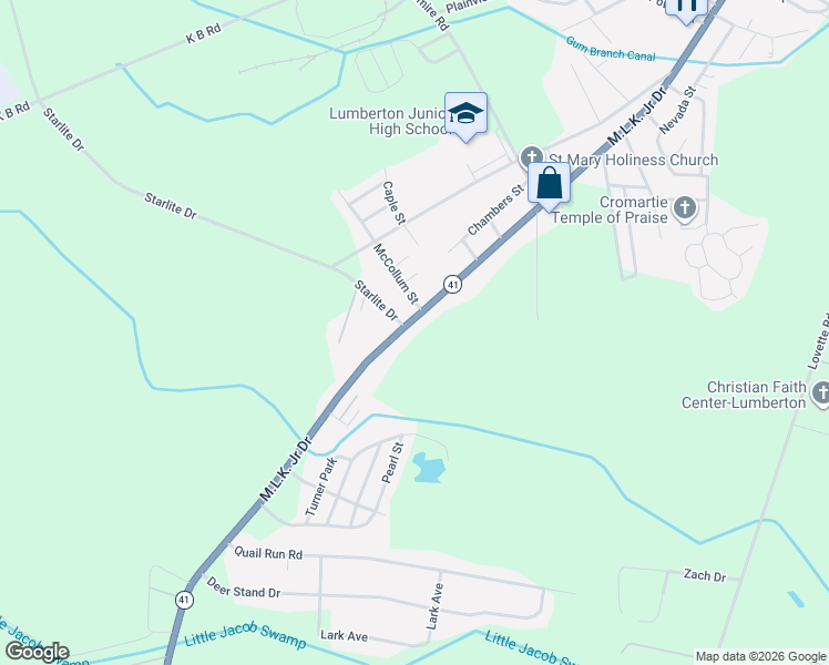 map of restaurants, bars, coffee shops, grocery stores, and more near 3005 Martin Luther King Junior Drive in Lumberton