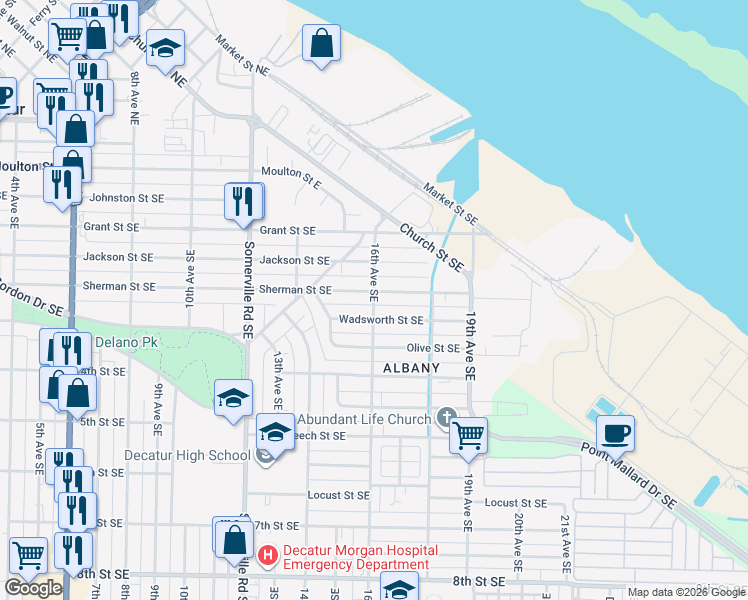 map of restaurants, bars, coffee shops, grocery stores, and more near 1601 Sherman Street Southeast in Decatur