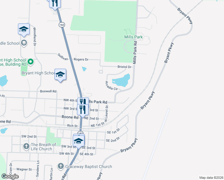 map of restaurants, bars, coffee shops, grocery stores, and more near 1 Arcadia Circle in Bryant