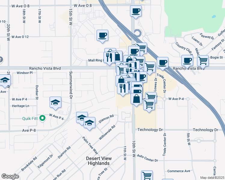 map of restaurants, bars, coffee shops, grocery stores, and more near 39423 11th Street West in Palmdale