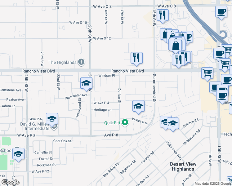 map of restaurants, bars, coffee shops, grocery stores, and more near 1728 Blackberry Court in Palmdale