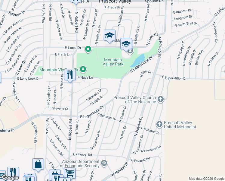 map of restaurants, bars, coffee shops, grocery stores, and more near 8505 East Leigh Drive in Prescott Valley