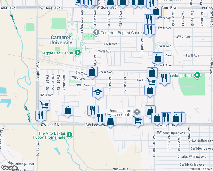 map of restaurants, bars, coffee shops, grocery stores, and more near 2613 Southwest I Avenue in Lawton