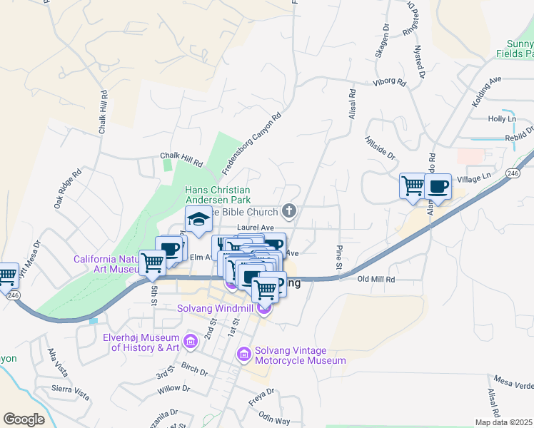 map of restaurants, bars, coffee shops, grocery stores, and more near 1675 Laurel Avenue in Solvang