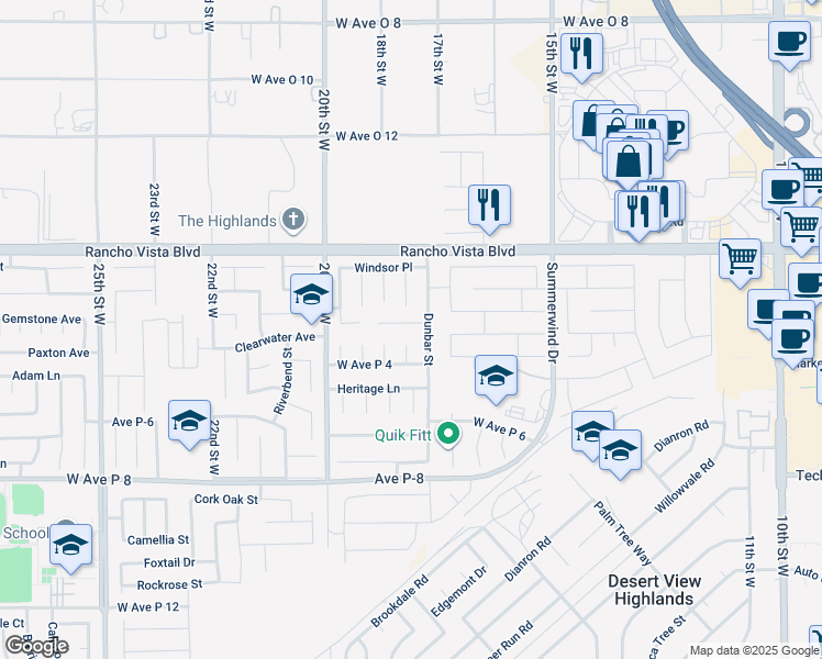 map of restaurants, bars, coffee shops, grocery stores, and more near 1734 Blackberry Court in Palmdale