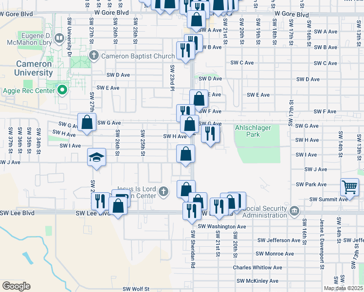 map of restaurants, bars, coffee shops, grocery stores, and more near 1013 Southwest Sheridan Road in Lawton