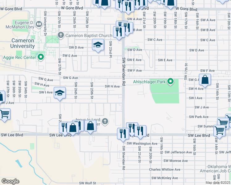 map of restaurants, bars, coffee shops, grocery stores, and more near 2317 Southwest I Avenue in Lawton
