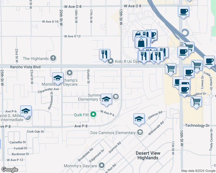 map of restaurants, bars, coffee shops, grocery stores, and more near 1555 Berkshire Drive in Palmdale