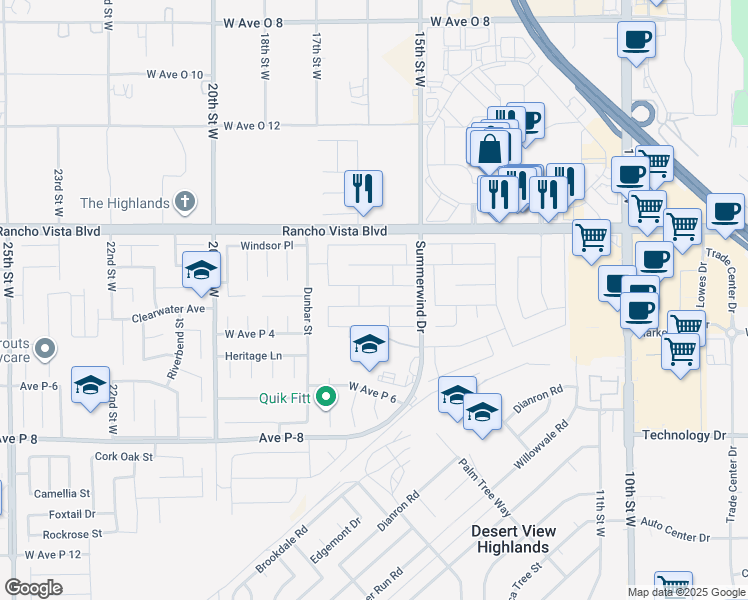 map of restaurants, bars, coffee shops, grocery stores, and more near 1555 Berkshire Drive in Palmdale