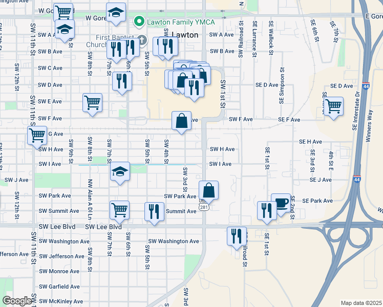 map of restaurants, bars, coffee shops, grocery stores, and more near 201 Southwest I Avenue in Lawton