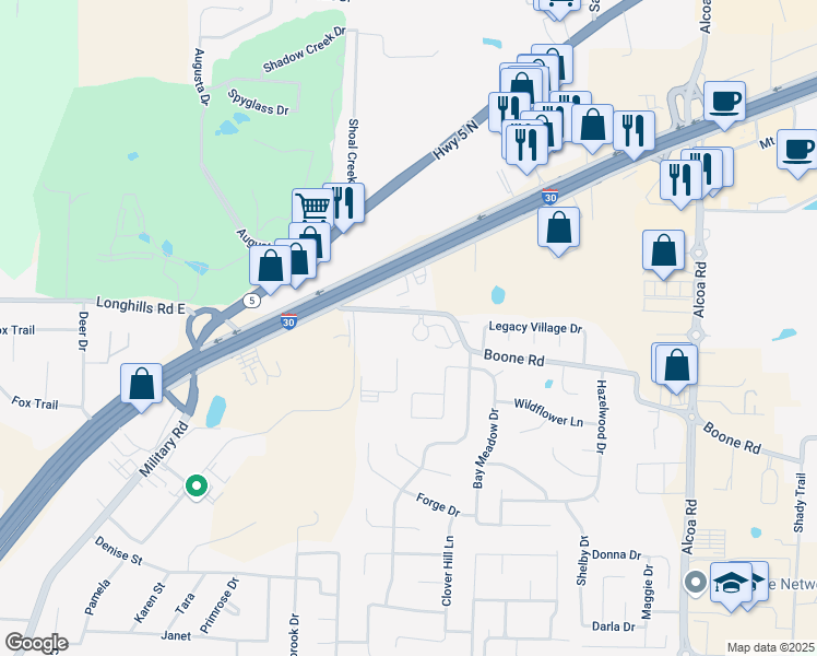 map of restaurants, bars, coffee shops, grocery stores, and more near 3505 Boone Road in Benton