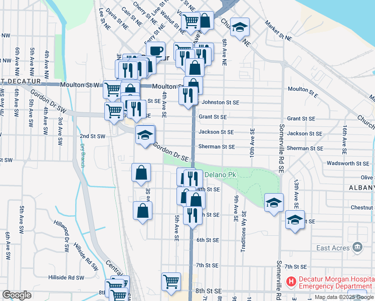 map of restaurants, bars, coffee shops, grocery stores, and more near 418 Gordon Drive Southwest in Decatur