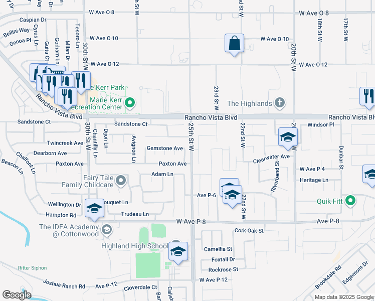 map of restaurants, bars, coffee shops, grocery stores, and more near 39448 Bluffside Way in Palmdale