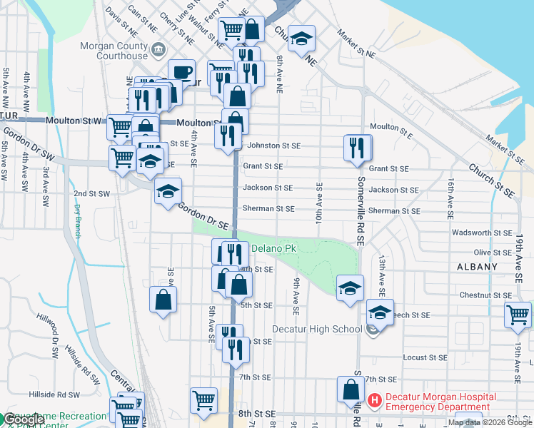 map of restaurants, bars, coffee shops, grocery stores, and more near 506 8th Avenue Southeast in Decatur