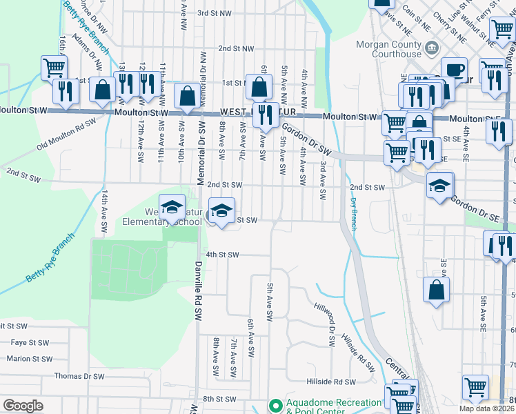 map of restaurants, bars, coffee shops, grocery stores, and more near 621 6th Avenue Southwest in Decatur