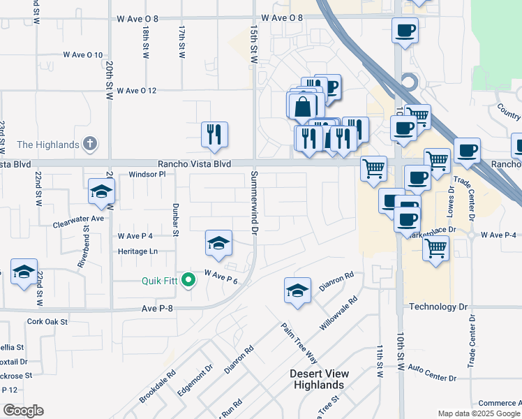 map of restaurants, bars, coffee shops, grocery stores, and more near 39413 Southcliff Way in Palmdale