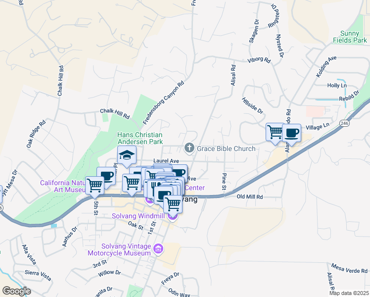 map of restaurants, bars, coffee shops, grocery stores, and more near 1675 Laurel Avenue in Solvang
