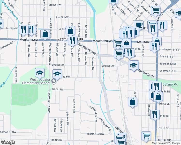 map of restaurants, bars, coffee shops, grocery stores, and more near 620 4th Avenue Southwest in Decatur