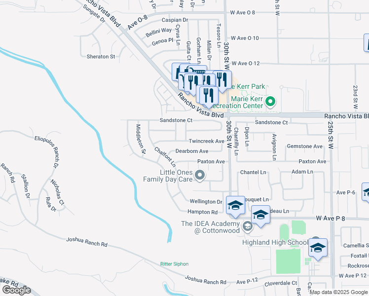 map of restaurants, bars, coffee shops, grocery stores, and more near 3140 Dearborn Avenue in Palmdale