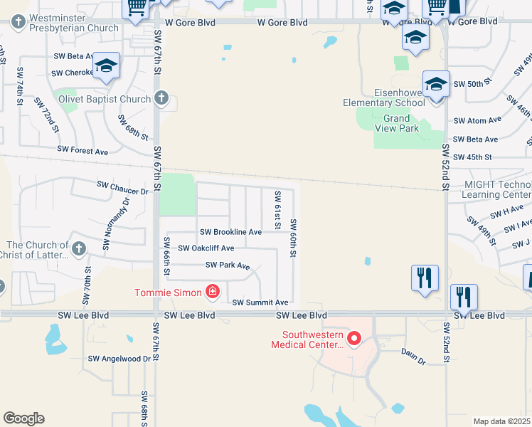 map of restaurants, bars, coffee shops, grocery stores, and more near 617 Southwest 61st Street in Lawton