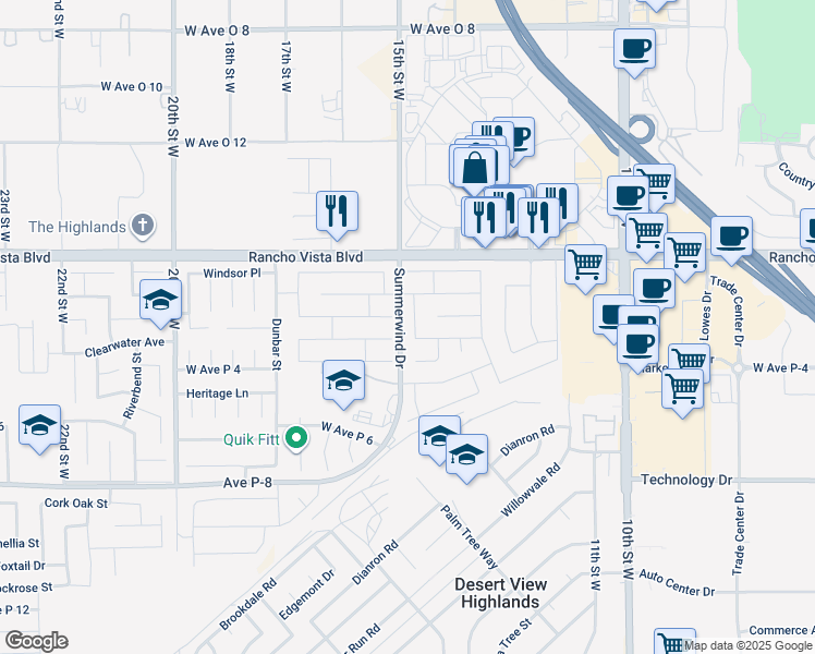 map of restaurants, bars, coffee shops, grocery stores, and more near 39413 Southcliff Way in Palmdale