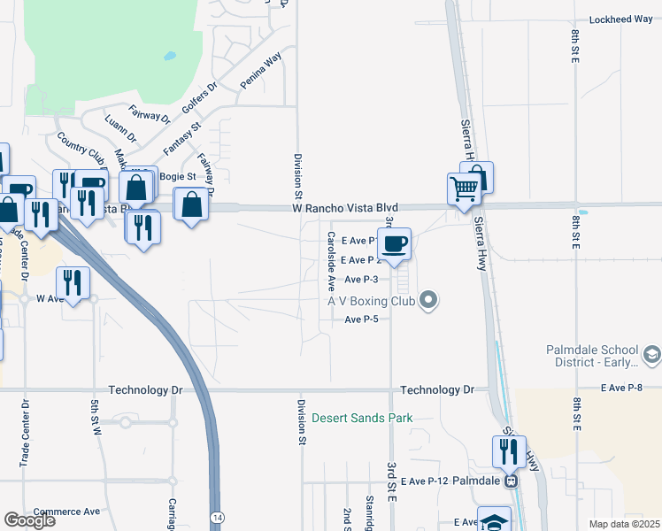 map of restaurants, bars, coffee shops, grocery stores, and more near 180 East Avenue P 2 in Palmdale