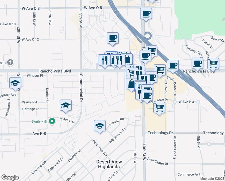 map of restaurants, bars, coffee shops, grocery stores, and more near 39512 12th Street West in Palmdale
