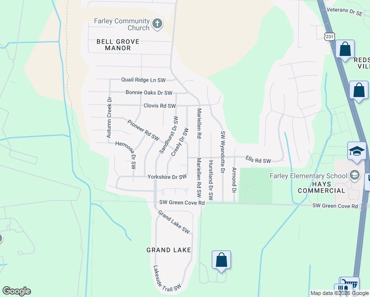 map of restaurants, bars, coffee shops, grocery stores, and more near 2403 Yorkshire Drive Southwest in Huntsville
