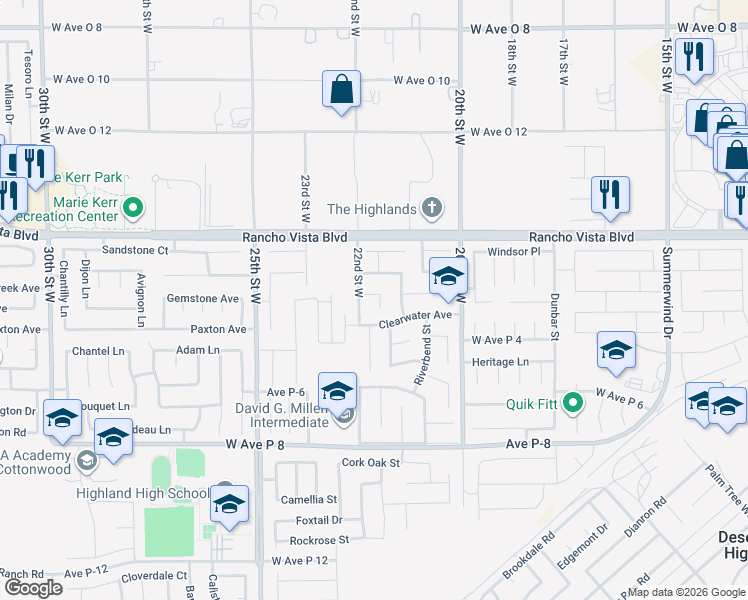 map of restaurants, bars, coffee shops, grocery stores, and more near 39551 Blackhawk Court in Palmdale