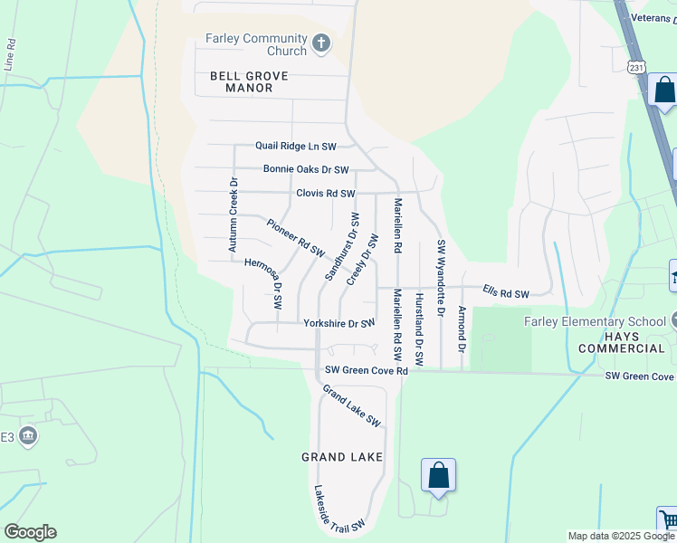 map of restaurants, bars, coffee shops, grocery stores, and more near 14001 Sandhurst Drive Southwest in Huntsville