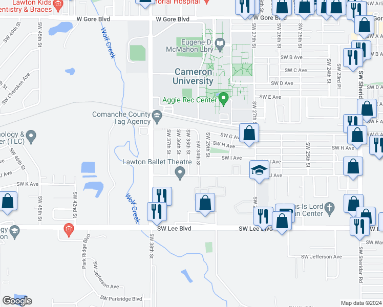 map of restaurants, bars, coffee shops, grocery stores, and more near 920 Southwest 35th Street in Lawton