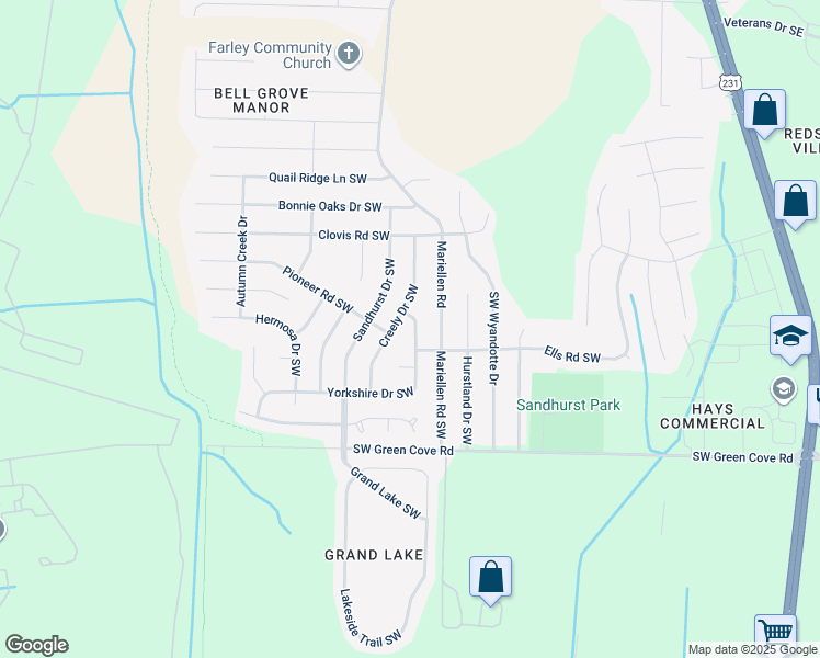 map of restaurants, bars, coffee shops, grocery stores, and more near 2403 Yorkshire Drive Southwest in Huntsville