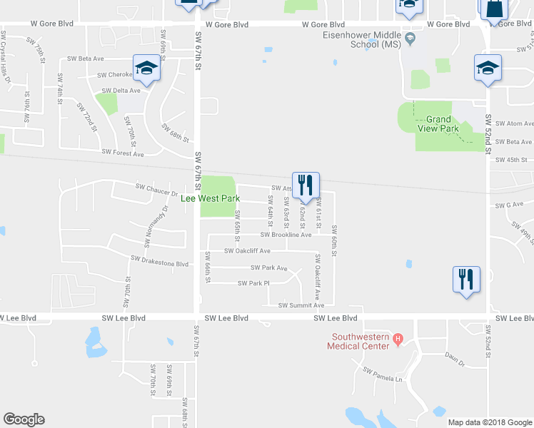 map of restaurants, bars, coffee shops, grocery stores, and more near 6401 Southwest Lynnwood Avenue in Lawton
