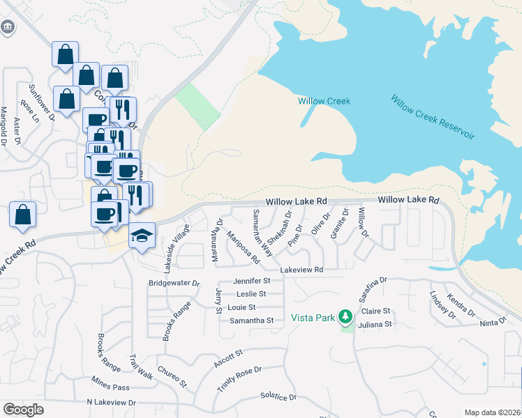 map of restaurants, bars, coffee shops, grocery stores, and more near 1215 Willow Lake Road in Prescott