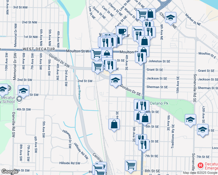 map of restaurants, bars, coffee shops, grocery stores, and more near 519 2nd Avenue Southeast in Decatur