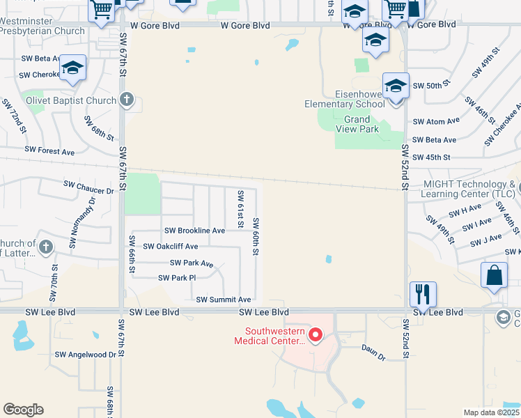 map of restaurants, bars, coffee shops, grocery stores, and more near 612 Southwest 60th Street in Lawton