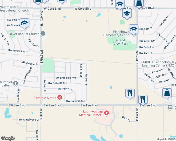 map of restaurants, bars, coffee shops, grocery stores, and more near 620 Southwest 60th Street in Lawton