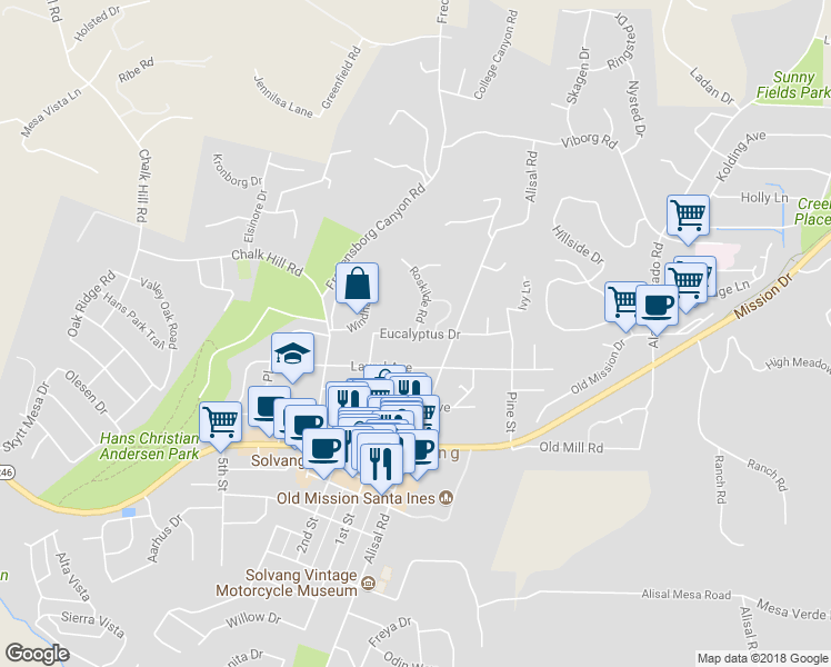 map of restaurants, bars, coffee shops, grocery stores, and more near Eucalyptus Drive & Roskilde Road in Solvang
