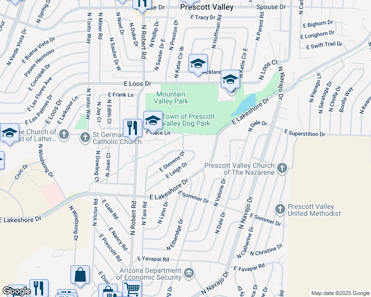 map of restaurants, bars, coffee shops, grocery stores, and more near 8435 East Stevens Drive in Prescott Valley
