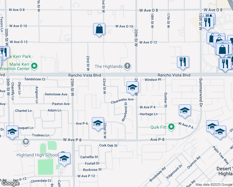 map of restaurants, bars, coffee shops, grocery stores, and more near 39455 Cottontail Street in Palmdale
