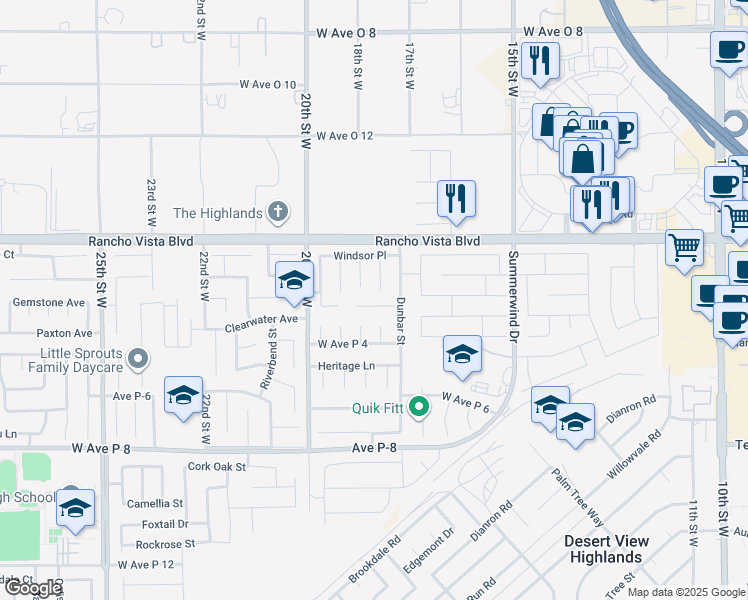 map of restaurants, bars, coffee shops, grocery stores, and more near 39423 Primrose Court in Palmdale