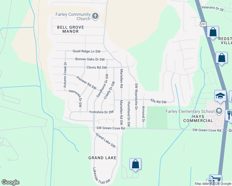 map of restaurants, bars, coffee shops, grocery stores, and more near 2434 Ells Road Southwest in Huntsville