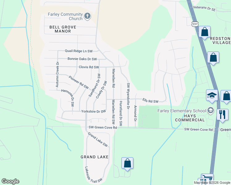 map of restaurants, bars, coffee shops, grocery stores, and more near 2434 Ells Road Southwest in Huntsville
