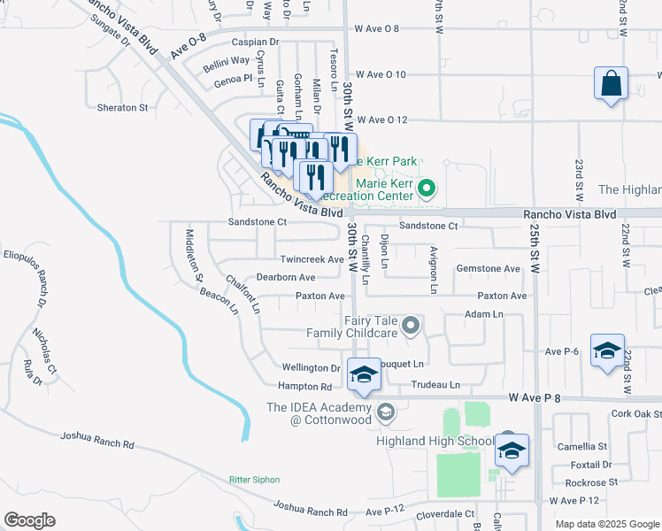map of restaurants, bars, coffee shops, grocery stores, and more near 3030 Twincreek Avenue in Palmdale