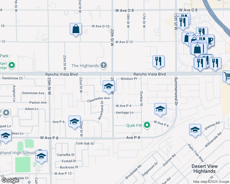 map of restaurants, bars, coffee shops, grocery stores, and more near 39511 Hawthorne Street in Palmdale