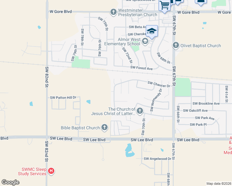 map of restaurants, bars, coffee shops, grocery stores, and more near 710 Southwest Chaucer Drive in Lawton